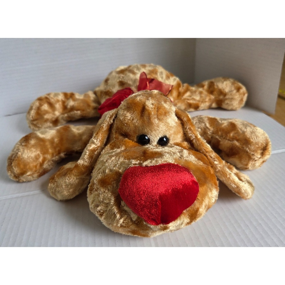 Dan Dee Laying Dog Puppy Brown Plush Pillow Floppy Ears Red Heart Nose with Bow